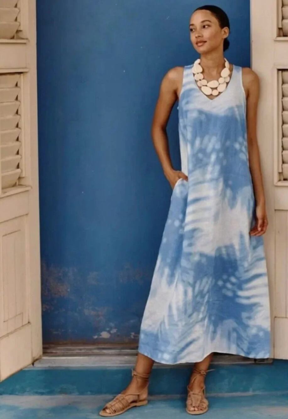 J.Jill Love Linen L Blue White Tie Dye Sleeveless Maxi Dress Boho Coastal